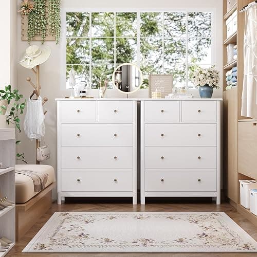 HOUSUIT White Dresser with 5 Drawers, Tall Chest of Drawers, 5 Drawer Dresser with Deep Space, Wood Storage Cabinet for Living Room, Hallway, Office, White thumbnail 4