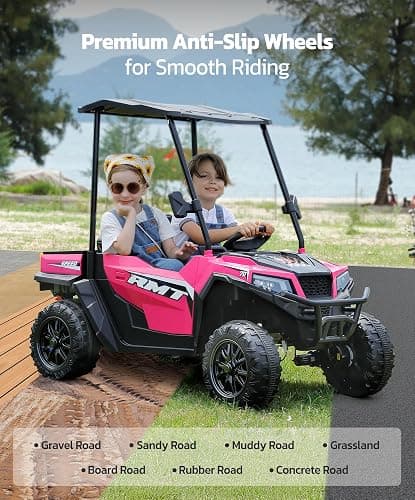 ELEMARA 24V Ride on Toy for Big Kid,Ride on Car 2 Seater w/Sun Shade,Dump Bed & Shovel,4.5MPH,4WD Electric Car for Kids,Battery Car w/Remote,Kids Ride on Truck,3 Speeds,LED Lights,Bluetooth, Hot Pink thumbnail 4