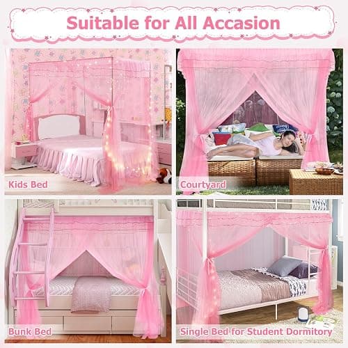 Twin Size Bed Canopy with Lights, Bed Canopy for Girls Princess with Luminous Stars, Canopy Bed Curtains for Twin Bed Kids Indoor Decor Bedroom, 4 Corner Post Bunk Bed for Student Dormitory, Pink thumbnail 7