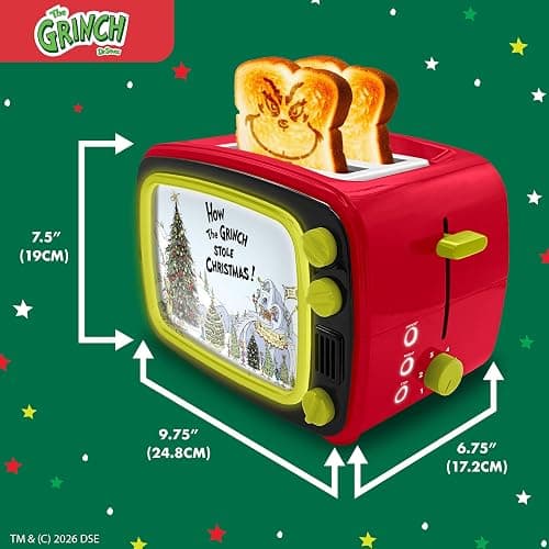 Uncanny Brands Dr. Seuss How the Grinch TV Toaster, 2-Slice Holiday Breakfast Gift, Grinch Face Toast Design thumbnail 3