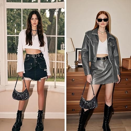 HIYOLALA Y2K Purse Small Shoulder Bags for Women with Rivets Punk Style Goth Grunge Emo Handbag thumbnail 2