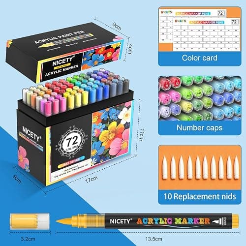 NICETY 72 Colors Acrylic Paint Markers – Water-Based Acrylic Paint Pens with Brush Tip (1–6mm) and Automatic Ink Control for Rock, Fabric, Wood, Glass, Canvas, and Crafts thumbnail 2
