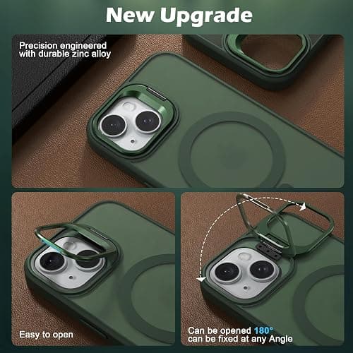 IDweel for iPhone 15 Case with Screen Protector & Camera Lens Protector,Compatible with MagSafe,Built-in Camera Stash Stand,Magnetic Hard Back Soft Edge Anti-Fingerprint Flexible Cover,Green thumbnail 6