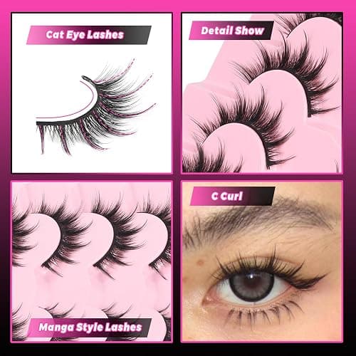 Veleasha Lashes Kit Manga Eyelashes Cat Eye Lashes Spiky Eyelash C Curl with Lash Glue & Tweezers Lash Wispy Natural Look False Eyelashes with Soft Cotton Band 7 Pairs Pack (Sunny Kit) thumbnail 5