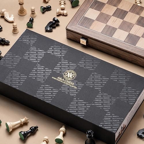 A&A Premium Chess Board Game Set, 15" Wooden Chess Board & 3" King Height Unique Chess Pieces with 2 Extra Queens, Portable Travel Chess Set for Adults Kids (Natural Walnut, 15 Inches) thumbnail 6