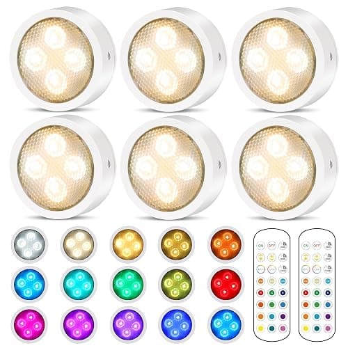 TECOMLIGHT Puck Lights with Remote Control, Battery Powered Wireless LED Under Cabinet Lighting, RGBCW Stick On Push Lights 6 Pack - White - Image 1