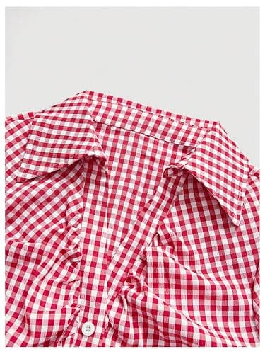 SweatyRocks Women's Y2K Short Puff Sleeve Button Down Fitted Gingham Plaid Crop Top Blouse thumbnail 3