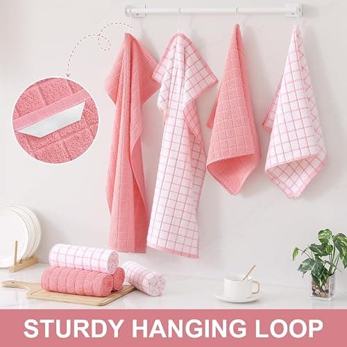 Homaxy Premium Cotton Kitchen Towels 16"x 28", Large Natural Ring Spun 390 GSM Dish Towels, Super Absorbent Terry Kitchen Hand Towels, Soft Tea Towels with Hanging Loop, Pink Check Design, 6 Pack thumbnail 7