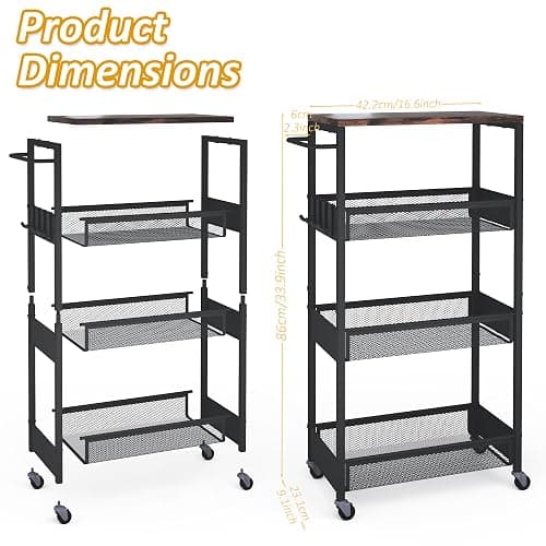 9.1" Wide Slim Rolling Utility Cart, 4 Tier Metal Narrow Storage Cart with Handle and Wood Top, Multifunctional Small Mobile Shelf Unit Organizer Trolley for Laundry, Bathroom, Kitchen thumbnail 7