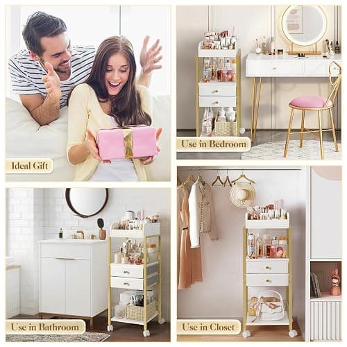 Makeup Organizer, Floor Skincare Organizers Make Up Organizers and Storage with Drawers, Vanity Organizer Cosmetics Display Cases Holder for Skin Care Nail Polish Perfume Gold thumbnail 7