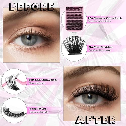 DIY Eyelash Extension Kit D-Curly Wispy Volume Lash Clusters Individual Lashes Lash Extension Kit with Lash Bond and Seal Applicator Tool for Self Application at Home (80P-280Pcs-Mix10-16mm-0.07D) - F22-Classic 80D Kit thumbnail 3