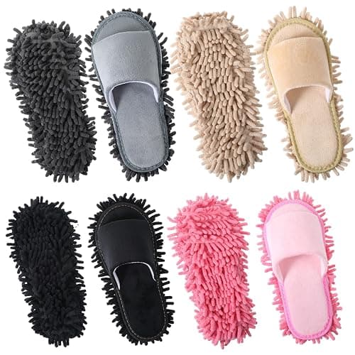 Meyeyaia 4 Pair Washable Mop Shoes,Removable Microfiber Cleaning Slippers,Mopping Slippers for Women and Men Home Office Floor Dust and Dirt Cleaning (Beige Gray Pink Black) - Image 1
