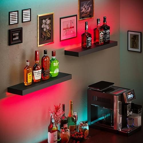 BAMEOS Floating Shelves with LED for Wall, Sturdy Shelves with RGB Light, Wall Mounted Display Shelves, Set of 2, Hanging Shelf for Bathroom, Bedroom, Kitchen, Living Room Storage, Black thumbnail 4