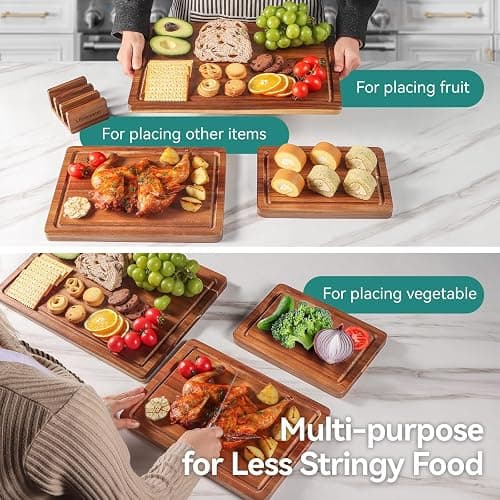 Acacia Wood Cutting Board，Solid Wood Cutting Board for Kitchen with Holder with Deep Juice Grooves & Built-in Handles, Durable Wooden Chopping Board Set of 3 for Meat, Vegetables and Fruits thumbnail 6