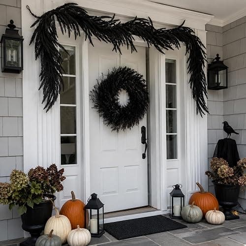 2 Pcs 12ft Black Halloween Norfolk Pine Garland, Realistic Gothic Faux Garland Mantle Decoration, Black Artificial Hanging Vine Twigs for Door Fireplace Mantle Stairs Holiday Home Party Decoration thumbnail 6