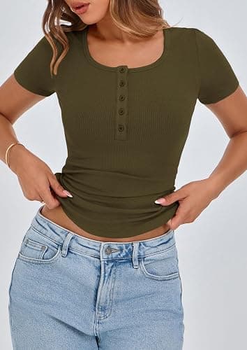 PRETTYGARDEN Women's Summer Tops Henley Tee Shirts | Soft Ribbed Fabric,Button Up, Short Sleeve,Slim Fitted,Basic Tshirts,Casual Trendy,Going Out Outfits,Fashion Clothing thumbnail 5