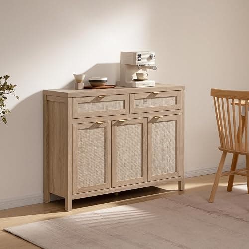 SICOTAS Rattan Sideboard Buffet Cabinet with Storage, Boho Credenza Accent Cabinet with 3 Doors and 2 Drawers, Farmhouse Console Coffee Bar for Kitchen, Living Room, and Entryway, Light Oak - Reclaimed Light Oak - 1 Piece thumbnail 3