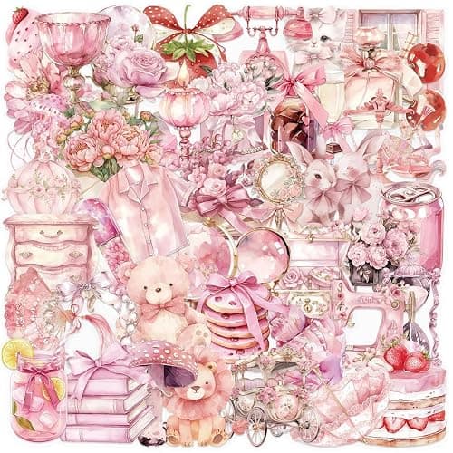 50pcs Transparent Pink Aesthetic Stickers,Vintage Coquette Sticker Girl's Love Waterproof PET Sticker for Scrapbook Journaling Photo Album Collage Card Girl's Romantic Stickers for Girl and Woman - Image 1