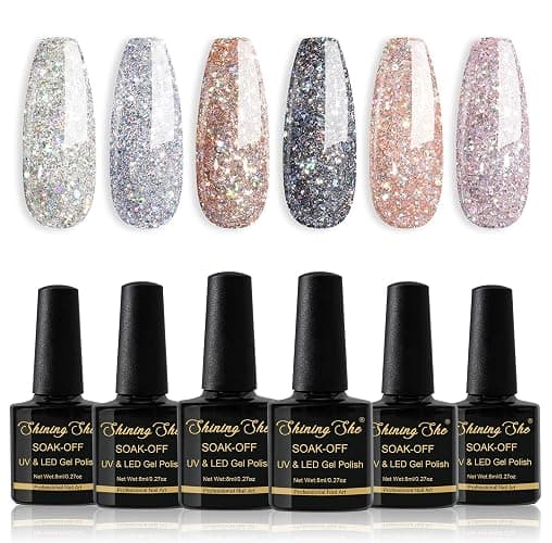 Shining She Vernis Semi Permanent Paillettes, 6 Couleurs Paillettes Blanc Argenté Noir Or Rose Vernis à Ongles Gel Soak Off UV/LED Semi-permanent Manucure Kit Pour Salon De Manucure DIY Home, 8ml - Paillettes thumbnail 7