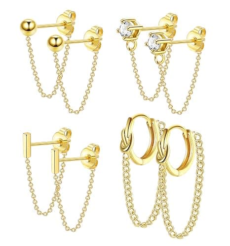 YADOCA 4 Pairs 14K Gold Chain Stud Earrings for Women Hypoallergenic | Stainless Steel CZ Ball Bar Huggie Hoop Earrings Stacks With Dangle Chain Cartilage Helix Earring Sets for Multiple Piercing - Image 1