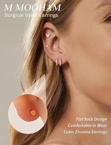 M MOOHAM Hypoallergenic Earring Jacket Stacks - 7 Pairs 14K Gold Plated Flat Back Earrings Dainty Huggie Hoop Cartilage Helix Earring Jacket, Fashion Accessories Western Jewelry Gifts thumbnail 5
