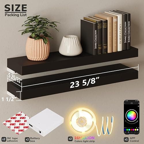 BAMEOS Floating Shelves with LED for Wall, Sturdy Shelves with RGB Light, Wall Mounted Display Shelves, Set of 2, Hanging Shelf for Bathroom, Bedroom, Kitchen, Living Room Storage, Black thumbnail 5