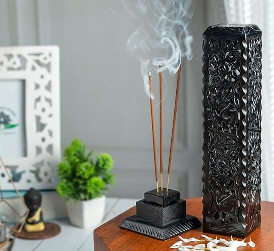 Crocon Black Marble Soapstone Incense Stick Burner Square Shape Leaf & Half Wheel Carving Tower Burner | Tea Light Candle Holder | Decorative Home & Kitchen Size - LxWxH 3X3X11 Inch thumbnail 3