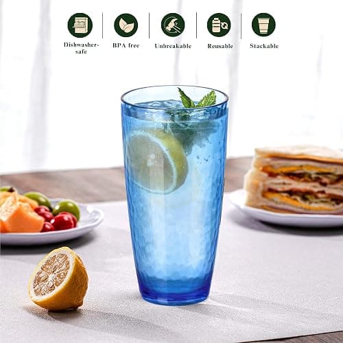 MIYOPESI 26oz Blue Acrylic Glasses Drinkware (Set of 6), Hammered Design Shatter-Proof Plastic Cups, Reusable Plastic Large Drinking Tumblers, Stackable, BPA-Free, Dishwasher-Safe thumbnail 4