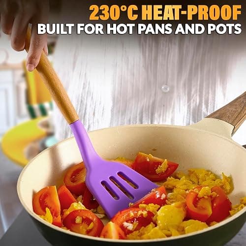 12 Pcs Purple Kitchen Accessories Set with Holder, Silicone Heads | Purple Kitchen Utensils Set for Cooking and Baking; Wooden Handles; Heat-Resistant up to 446°F; Non-Scratch for Nonstick Pans thumbnail 6
