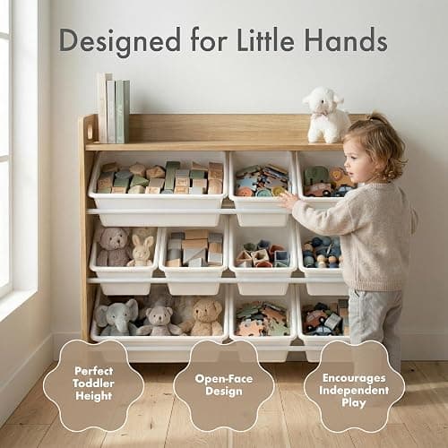 Humble Crew Kids Toy Organizer with Display Shelf, 9 Bins, 3 Tier Storage | Sturdy wood and steel toddler shelf, removable BPA-free containers, wall anchor anti-tip safety kit for bedroom or classroom thumbnail 3
