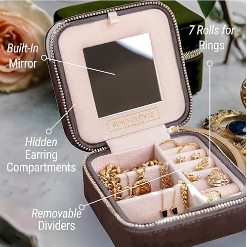 Benevolence LA Travel Jewelry Organizer, Mocha Brown Velvet Jewelry Case for Women, Jewelry Travel Case with Earring Compartment, Jewelry Box for Men thumbnail 5