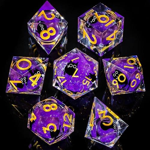 Roycevon Resin DND Dice Set with Gift Box, 7Pcs Liquid Core Cat D&D Dice, Cute Dungeons Dragons D and D Dice, Sharp Edge Role Playing Game Dice D20 D12 D10 D8 D6 D4, Purple thumbnail 4