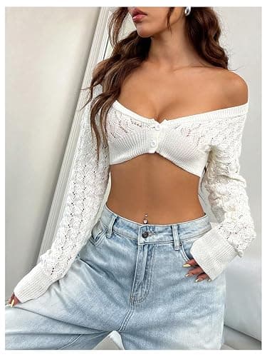 GORGLITTER Women's Crop Crochet Cardigan Button Down Long Sleeve Shrug Sweater thumbnail 3
