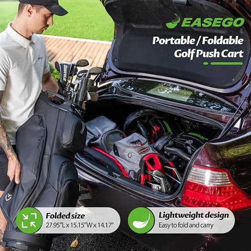 EASEGO Golf Push Cart 3 Wheel : Golf Caddy Pull Cart, One Click Folding Golf Bag Cart Lightweight Compact Golf Trolley with Cooler Bag, Umbrella, Cup & Phone Holder for Different Terrain thumbnail 2