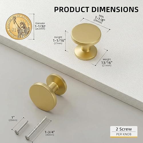 Goldenwarm 10 Pack Brushed Brass Cabinet Knobs Round Gold Drawer Knobs Kitchen Cabinet Handles Solid Zinc Alloy Pulls for Bathroom Dresser Hardware thumbnail 3