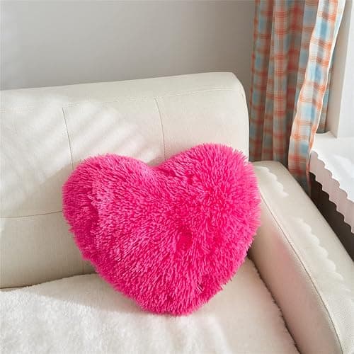 MOOWOO Fluffy Faux Fur Heart Throw Pillow for Valentine's,Mothers Day,Sherpa Plush Fluffy, Solid Color, Heart Shape Pillow for Girls,Hot Pink Love Throw Pillow (Rose Red) thumbnail 5