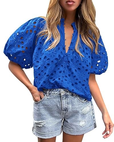 PRETTYGARDEN Womens Tops Boho Eyelet Puff Sleeve Blouse | Hollow Out Embroideried Cotton Shirts, Button Front, Ruffle V Neck, Spring Summer Clothes for Work, Vacation, Resort Wear - Image 1