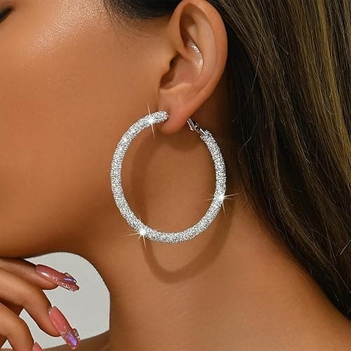 JINGDR Multcolors Cubic Zirconia Hoop Earrings For Women Statement Oval Rhinestone Hoop Earrings 14K Gold Plated Chunky Hoop Earrings Dainty Lightweight Big Earrings Trendy Jewelry (55MM/45MM) thumbnail 6