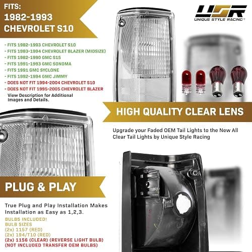 USR 82-93 GMT-400 Tail Light – Rear Tail Lamps (Left + Right) Pair - Compatible with 1982-1993 Chevy S10 Blazer Pickup Truck/Mid-Size SUV all Models - GMC S15 Jimmy (CLEAR TAIL LIGHTS with BULBS) thumbnail 3