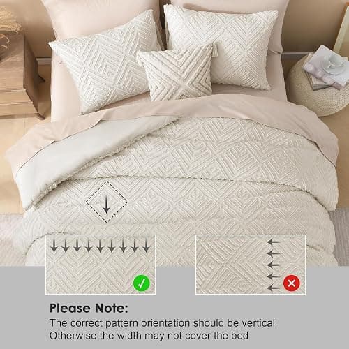 Litanika Queen Comforter Set Beige, 3 Pieces Cream Tufted Boho Farmhouse Bedding Comforter Sets, Lightweight Fluffy Comforter Bed Set for All Season (90x90In Comforter and 2 Pillowcases) thumbnail 6