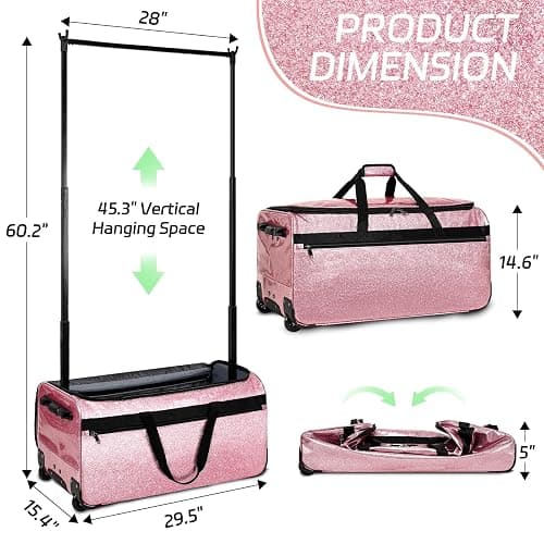 Dance Bag with Garment Rack, OMIDEL 29" Rolling Dance Competition Duffle Bag with Garment Rack & Silent Wheels, Collapsible Dance Suitcase for Dance Competition Shows Recitals Travel - Glitter Pink thumbnail 4