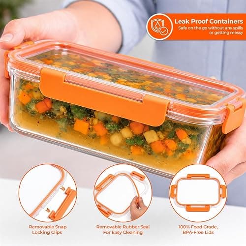 Innoteck 5 Pack 1040ml Orange Glass Food Storage Containers with Lids | Borosilicate meal prep containers with airtight leakproof locking lids, dishwasher safe for food storage and leftovers. thumbnail 4