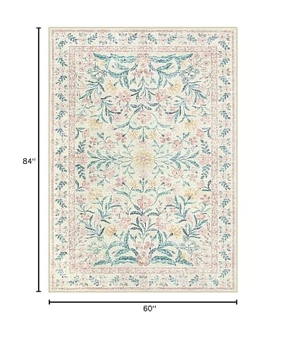 Morebes Floral Pink Rugs for Bedroom Girls, Washable 5x7 Large Area Rug for Living Room Non Slip, Vintage Low-Pile Indoor Floor Boho Flower Carpet for Kids Nursery Playroom, Light Pink&Green - Pink - 5' x 7' (Rectangular) thumbnail 2