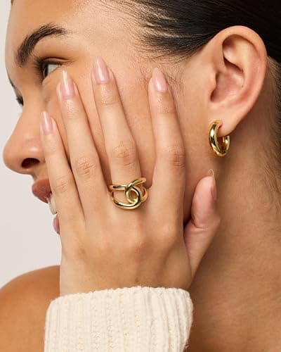 PAVOI 14K Gold Plated Chunky Interlock Statement Ring for Women | Interloop Band Thick Link Stackable Rings thumbnail 2