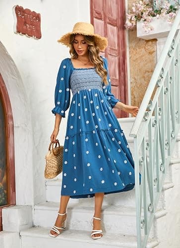 R.Vivimos Women's Long Sleeve Cotton Boho Midi Dress Vintage Square Neck Floral Embroidered Tiered Ruffle Flowy Pockets Dress thumbnail 3