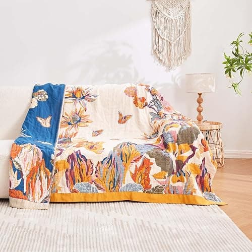 XIBLC Boho Throw Blanket, 100% Cotton Ultra Soft Luxury Throw Rustic Quilt, 50"x60" Floral Bird Butterfly Farmhouse Decor Bed Blankets, All Season Rustic Reversible Bohemian Throw for Bed - Yellow thumbnail 9
