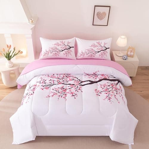 Suncloris Red Cherry Blossom Comforter Set Queen, 5pc Sakura Floral Bedding Set, Includes Lightweight Quilt, 2 Pillowcases, Flat & Fitted Sheet, Microfiber Bedding for Girls Teens (Red (5pcs), Queen) - Image 1
