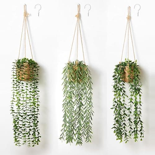 Mokof 3 Pack Artificial Hanging Plants in Boho Handwoven Baskets for Living Room, Bedroom, Bathroom Wall Shelf Decor - Image 1