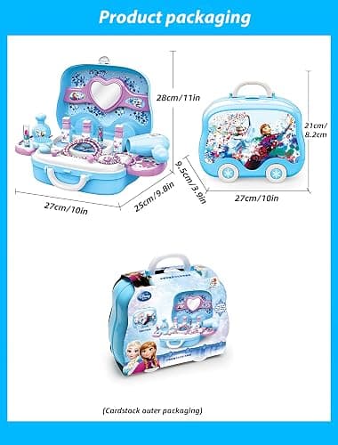 Disne Frozen Girls Makeup Role-Playing Set: 3-in-1 Beauty Luggage with Fashion Accessories, Made of Safe ABS Material, Princess Role-Playing Toy for Girls, Birthday Gifts (Blue) thumbnail 2