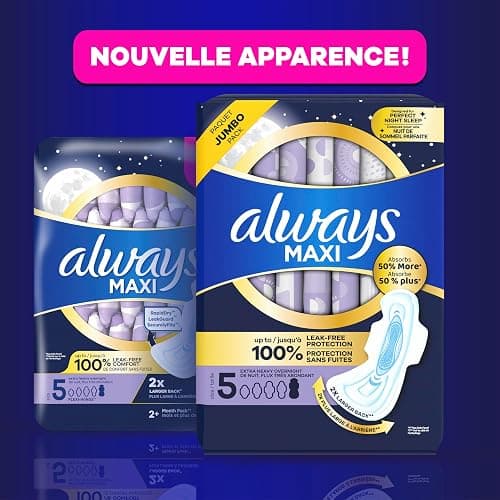 Always Maxi Pads for Women, Extra Heavy Overnight Pad with Wings, Size 5, Unscented, 36 Count thumbnail 15